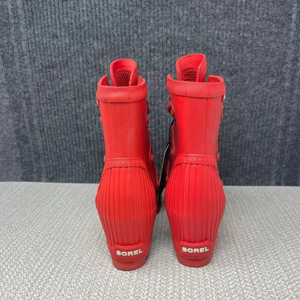 NEW Sorel Joan Rain Wedge Rubber Boots Red Lace Up Womens 7.5 NL2442-622